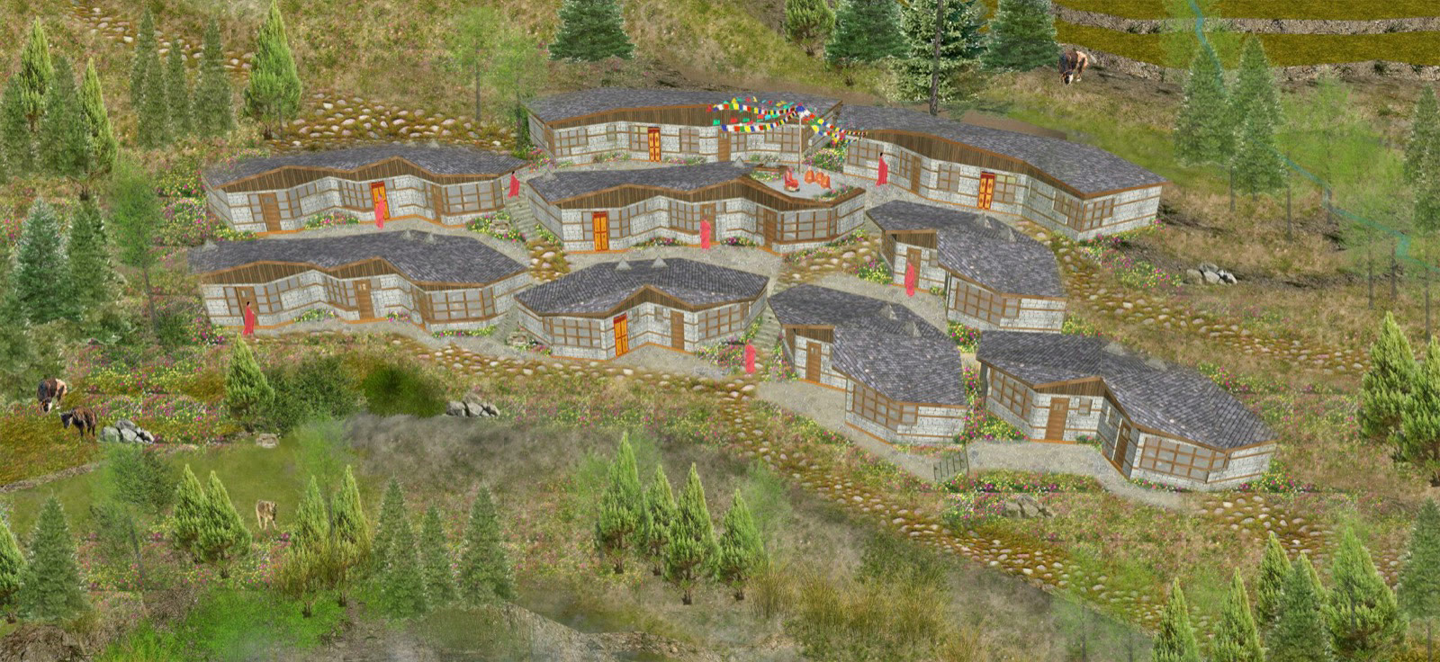 鳥瞰渲染圖,閉關小屋聚落