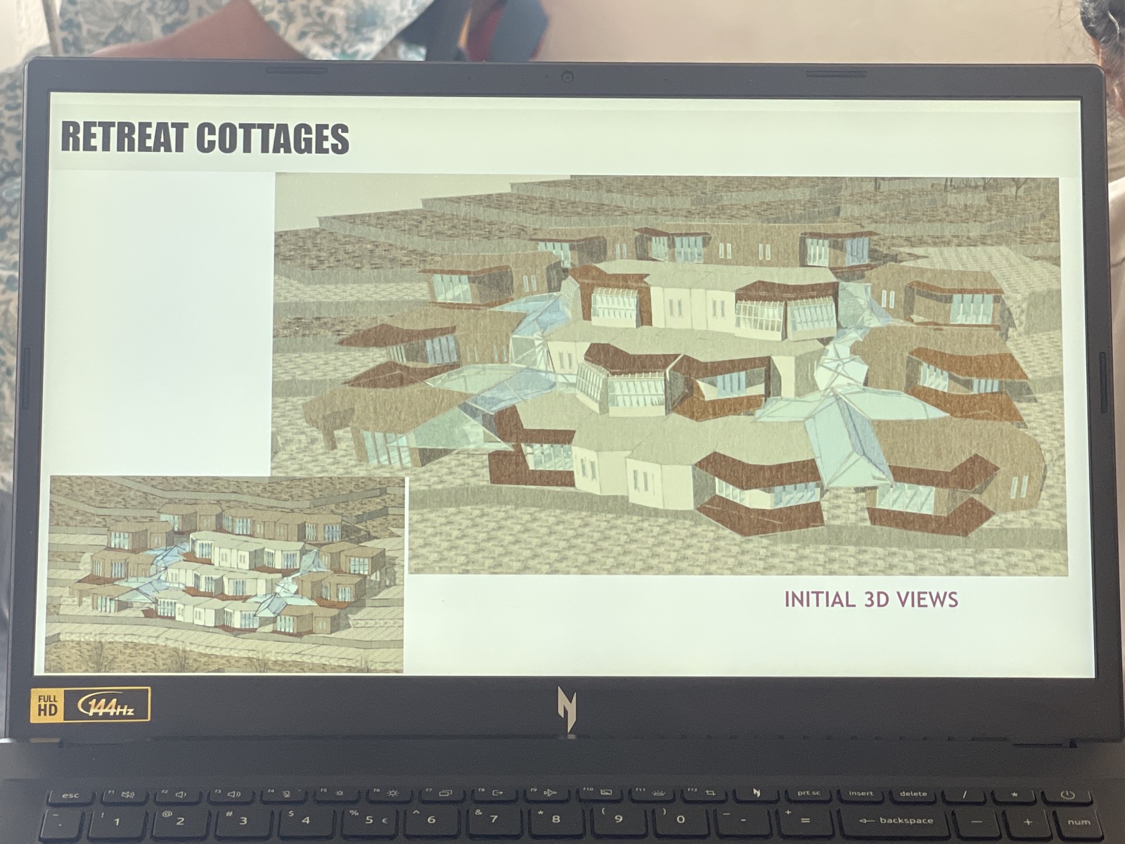 簡報畫面:閉關房初期 3D 量體研究,標題 Retreat Cottages
